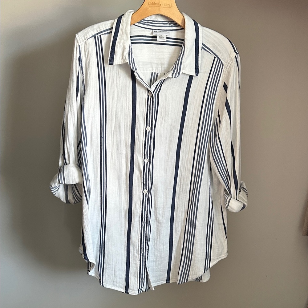 Liz Claiborne Navy and White Striped Shirt